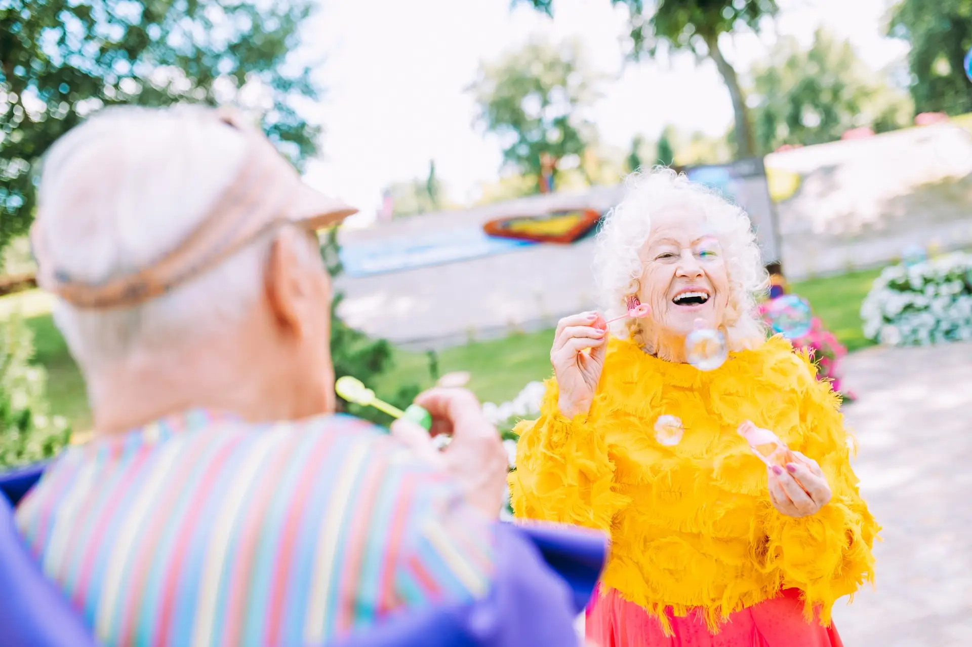 old modern couple dressing fashionable colored clothes
