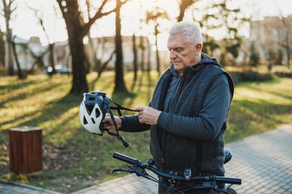 Older Man Holding Helmet on Bike