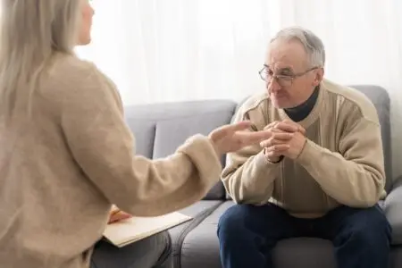 Psychology, depression people. Elderly adult man, men consulting with psychologist, psychiatrist
