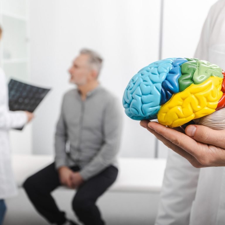 Anatomical model of human brain on doctor hands over background neurologist analyzing results of